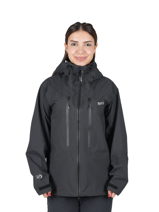 Veste Windy MP+ Vertical Femme – imperméable membrane MP+ 3 couches nylon recyclé 20K/20K, coutures thermosoudées et capuche réglable, idéale pour la randonnée et le ski